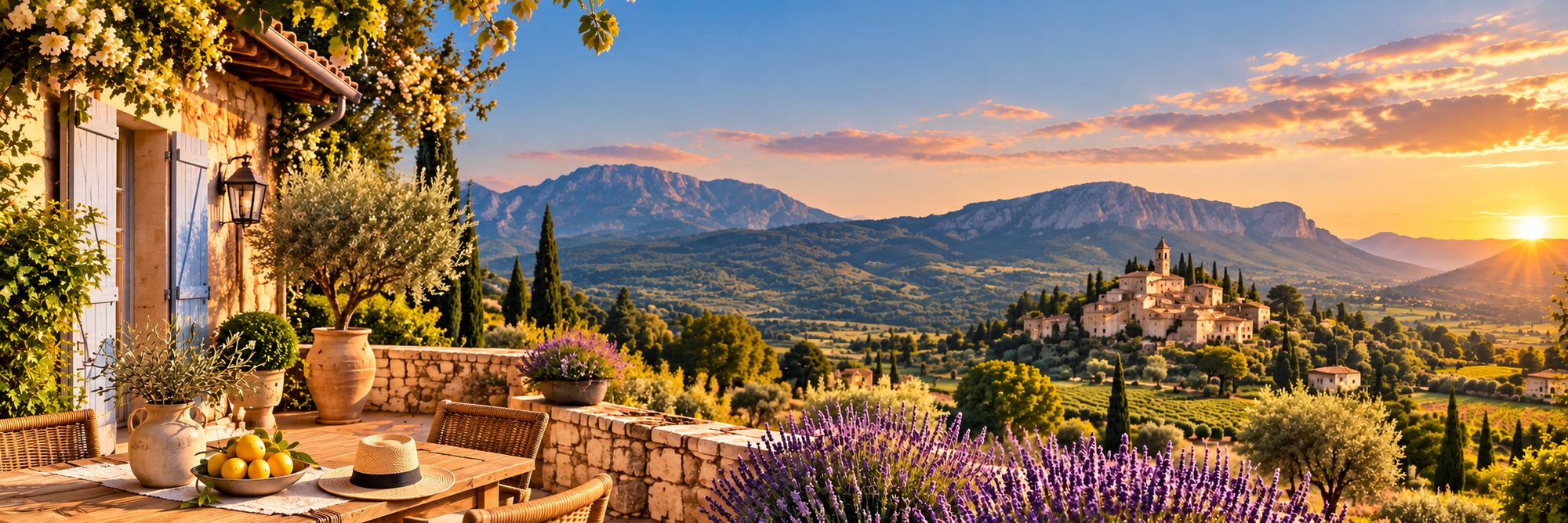 Vue sur un village du Luberon au coucher de soleil